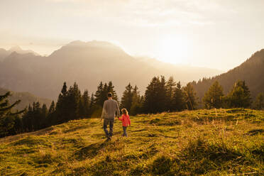 Father holding daughter's hand walking on grass - DIGF18792