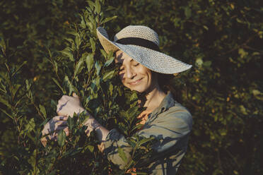 Smiling woman embracing green plants in garden - IEF00080