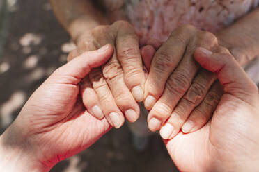 Woman holding hands of grandmother in sunlight - OSF00995