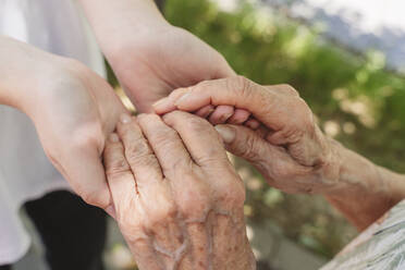 Senior woman holding hands of great granddaughter - OSF00997