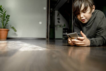 Boy using phone and lying on floor at home - ANAF00008