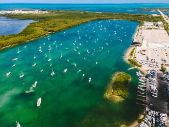 Malerische Luftaufnahme von modernen weißen Yachten schwimmen in türkisfarbenen Meer inmitten sandigen Ufer und üppigen grünen Wäldern gegen den blauen Himmel am sonnigen Tag in Miami Beach - ADSF38650