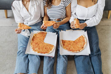 Mitbewohner, die zu Hause zusammen Pizza essen - MEUF08085