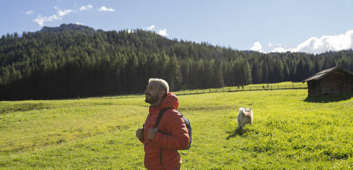 Man standing in front of dog running on meadow - JCCMF07331