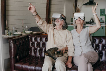 Mann und Frau mit VR-Brille gestikulieren mit Katze auf dem Schoß zu Hause - YTF00144