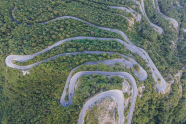 Luftaufnahme einer Zickzack-Bergstraße durch den Wald auf dem Montevergine, Mercogliano, Irpinia, Kampanien, Italien. - AAEF15808