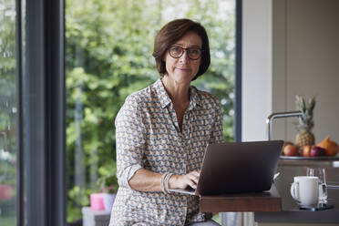 Ältere Frau mit Laptop an der Kücheninsel sitzend - RBF09007