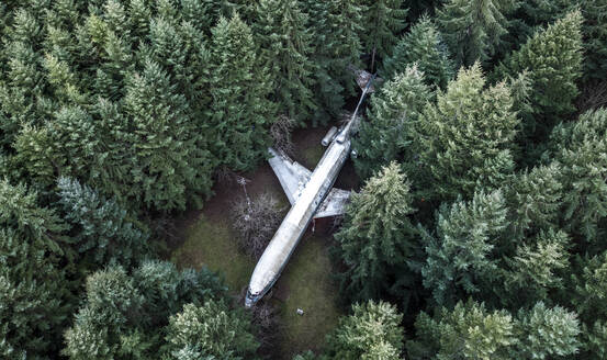 Luftaufnahme eines verrosteten Flugzeugs im Wald, Oregon, Vereinigte Staaten. - AAEF15948