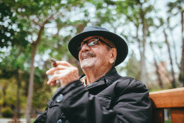 Von unten fröhlicher älterer Mann mit Schnurrbart, der einen Hut trägt, Zigarre raucht und in die Kamera schaut, während er auf einer Bank in einem Park mit grünen Bäumen im unscharfen Hintergrund sitzt - ADSF38897