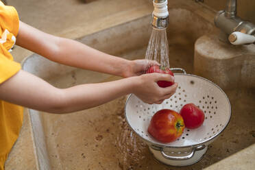 Hände eines Mädchens beim Waschen frischer Tomaten in der Spüle - SVKF00576