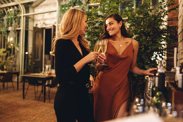 Zwei glückliche junge Frauen feiern mit Champagner in einem Luxushotel. Zwei beste Freundinnen stoßen mit Champagnergläsern an, während sie zusammen stehen. Freunde, die einen Wochenendausflug zusammen genießen. - JLPPF01128