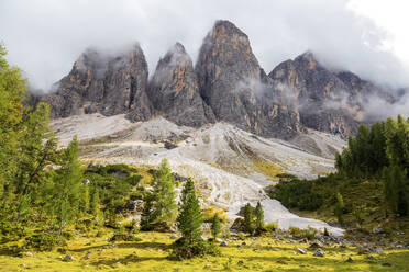 Scenic view of majestic foggy mountains, Dolomites, Italy - NDF01520