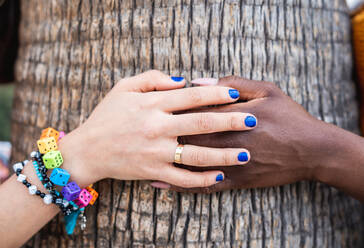 Crop unrecognizable couple of multiracial lesbian females touching hands tenderly near tree - ADSF39132