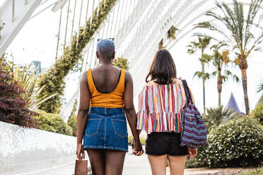 Rückenansicht von multiethnischen Freundinnen, die sich an den Händen halten, während sie gemeinsam einen Weg im Park entlanggehen - ADSF39148