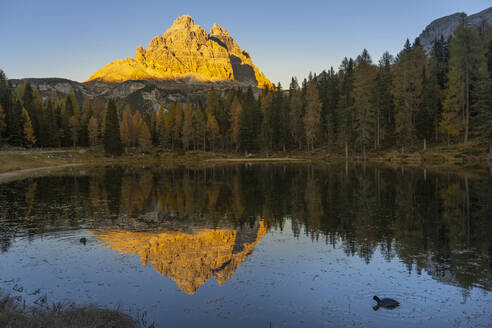 Italien, Venetien, Blick auf den Antornosee und die Drei Zinnen in der Abenddämmerung - LOMF01367