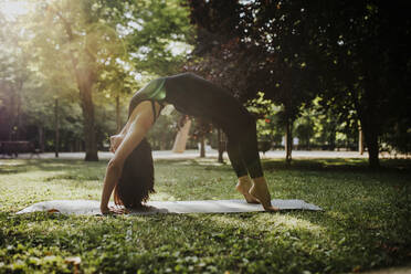 Yogalehrer übt Brückenstellung im Park - MRRF02490