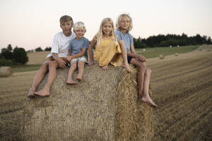 Smiling boys and girl sitting on haystack - NJAF00001