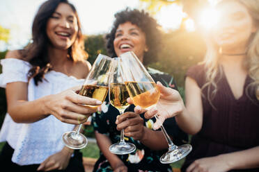 Eine Gruppe von Frauen sitzt im Freien und stößt mit Champagner an. Nahaufnahme einer Frau, die auf einer Party im Freien etwas trinkt. - JLPSF00002