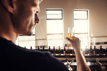Männlicher Brauer, der in einer Brauerei handwerklich gebrautes Bier testet. Junger Mann, der das Bierprobenglas während der Herstellung untersucht. - JLPSF00055