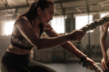 Fit woman using battle ropes during strength training at the gym. Athlete moving the ropes for burning fats at health club. - JLPSF00370