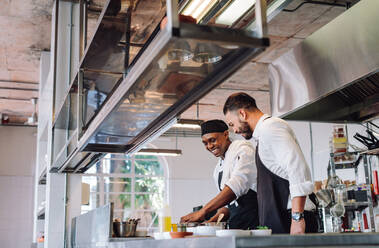 Glückliche männliche Köche, die in der Küche eines Cafés Essen zubereiten und sich unterhalten. Zwei Köche bereiten in einer Restaurantküche Essen zu. - JLPSF00428