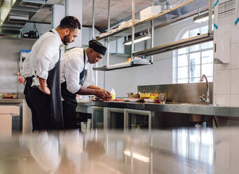Two male cooks preparing food on restaurant kitchen counter. Chefs cooking food in commercial kitchen. - JLPSF00434