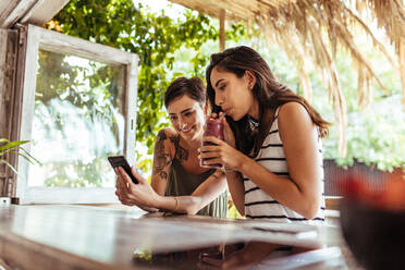 Zwei lächelnde Frauen sitzen in einem Restaurant und schauen auf ihr Handy. Eine Frau zeigt ihr Handy, während eine andere Frau einen Smoothie genießt. - JLPSF00819