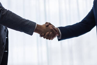 Close up of two business men shaking hands with each other after a deal, with focus on hand shake. - JLPSF01044