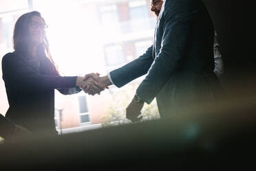 Businesswoman shaking hands with businessman after a successful agreement in office meeting. Businesspeople hand shake after a deal. - JLPSF01358