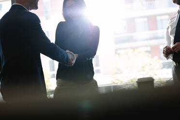 Businessman and businesswoman shaking hands in board room and finishing up a meeting. Business people hand shake after a successful deal. - JLPSF01359