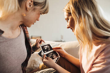 Woman discussing over ultrasound with pregnant sister at home - JOSEF13742