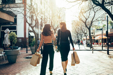 Rear view of two friends walking on the city street with shopping bags. Female shoppers carrying shopping bags while walking along the road. - JLPSF01930