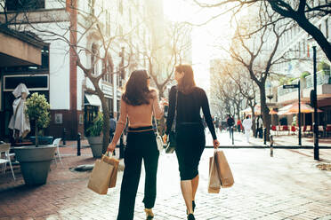 Rückansicht von zwei Freundinnen, die mit Einkaufstüten auf der Straße spazieren gehen. Frauen, die Einkaufstüten tragen, während sie die Straße entlanggehen. - JLPSF01930