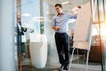 Office worker standing near flip chart with diagram. Mature businessman giving a presentation on a flipchart to colleagues. - JLPSF02209