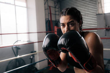 Eine Boxerin übt ihre Schläge in einem Boxstudio. Nahaufnahme einer weiblichen Boxerin beim Schattenboxen in einem Boxring. - JLPSF02211