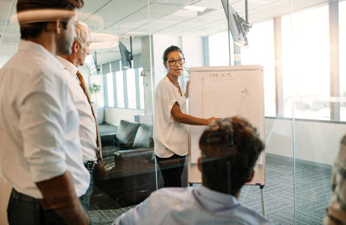 Asiatische Frau, die neben einem Flipchart steht und ihre Ideen einträgt. Geschäftsfrau, die ihren Kollegen eine Präsentation mit Hilfe eines Flipboards gibt. - JLPSF02360