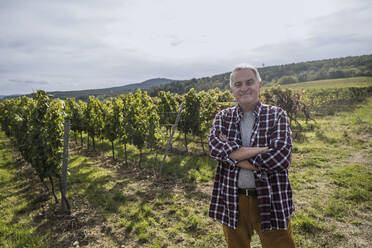 Selbstbewusster älterer Landwirt mit verschränkten Armen im Weinberg - UUF27364