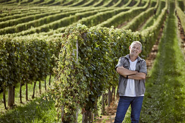 Smiling farmer with arms crossed in vineyard - ZEDF04823