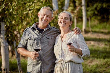 Happy mature couple holding red wineglasses in front of vineyard - ZEDF04895
