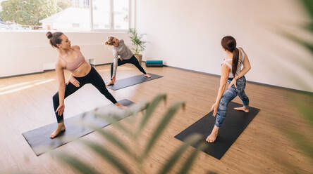 Drei Personen üben Yoga im Unterricht. Eine Gruppe von Personen steht auf einer Yogamatte und dehnt und verdreht ihren Körper. - JLPSF03162