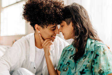 Romantic lesbian couple touching their noses together. Two affectionate female lovers sharing an intimate moment indoors. Young lesbian couple sitting together in their living room. - JLPSF04227