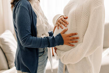 Unbekannte junge Frau, die den Bauch einer Leihmutter berührt. Junge Frau, die Zeit mit ihrer Leihmutter zu Hause verbringt. Frau, die die Bewegungen des Babys einer schwangeren Frau spürt. - JLPSF04231