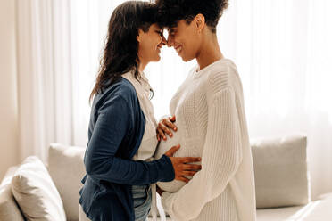 Pregnant lesbian couple at home. Happy pregnant lesbian couple smiling cheerfully while standing together indoors. Affectionate young woman touching her wife's belly bump at home. - JLPSF04232