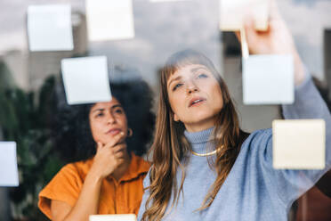 Zwei junge Geschäftsfrauen beim Brainstorming mit Haftnotizen. Junge Geschäftsfrauen diskutieren ihre Geschäftsideen während einer Sitzung. Zwei Unternehmerinnen arbeiten als Team in einem modernen Büro. - JLPSF04399