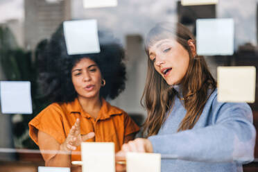 Zwei kreative Geschäftsfrauen beim Brainstorming mit Haftnotizen. Geschäftsfrauen diskutieren ihre Geschäftsideen während einer Sitzung. Junge Unternehmerinnen arbeiten als Team in einem modernen Büro. - JLPSF04401