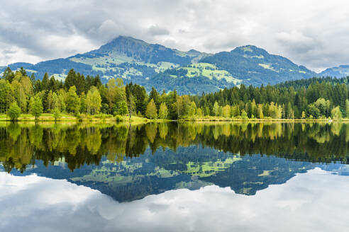 Österreich, Tirol, Schwarzsee mit Spiegelung des umliegenden Waldes - STSF03535