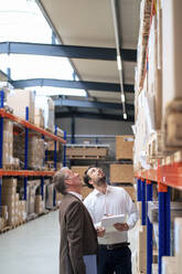 Senior businessman with colleague taking inventory at warehouse - JOSEF13922