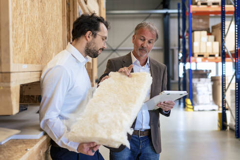 Senior businessman discussing over insulation with colleague at industry - JOSEF13947