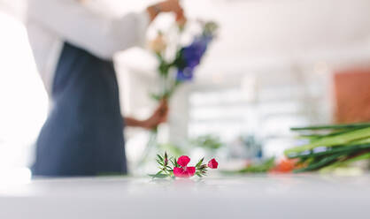 Blumen auf dem Ladentisch mit einem Floristen im Hintergrund. Eine Frau arbeitet in einem Blumenladen und arrangiert Blumen. - JLPSF04917