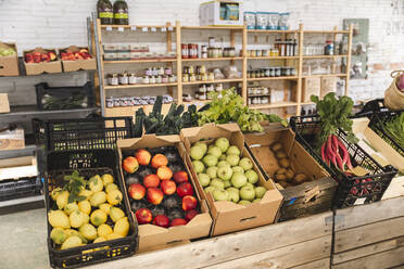 Fresh fruits and vegetables arranged in crates at greengrocer shop - PCLF00137
